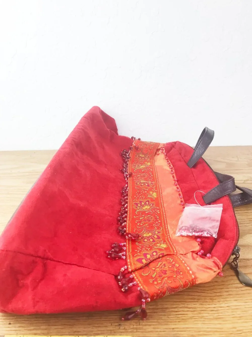 Mountain Mama's Red Suede Feel Tote Bag – Embroidered Trim Beaded Fringe